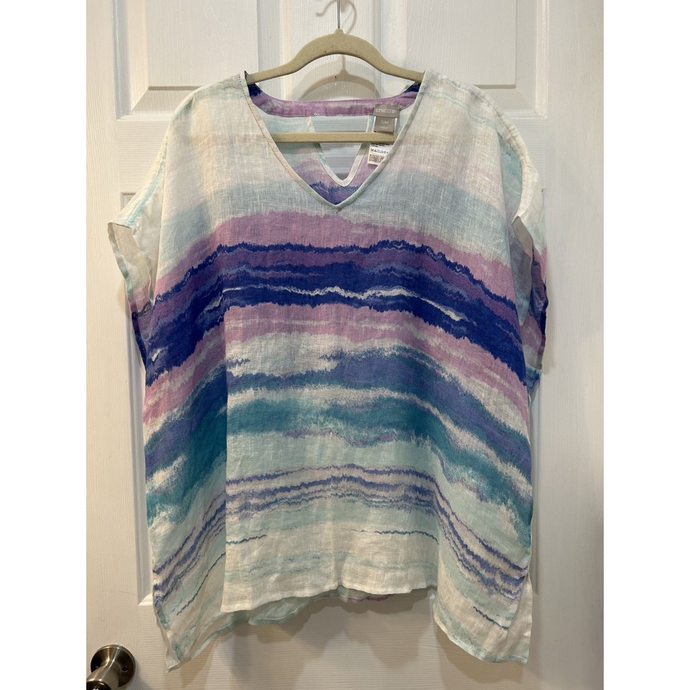 Chico's 100% Linen‎ Colorful Poncho Tunic Top Size M Blue Purple Coastal Beachy